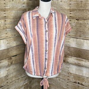 TRUSELF LOOSE FIT MULTI COLOR STRIPED BUTTON FRONT CASUAL EVERYDAY WEAR BLOUSE